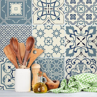 Zelfklevende tegelmuurstickers voor keuken en badkamer - 9 cementtegelstickers (AZULEJOS TEO) - 9 stickers 10x10cm