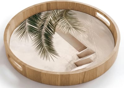 Dienblad rond 40x40 cm - Schootdienblad hout - Palmboom - Schaduw - Trap - Beige - Borrelplank rechthoek - Plateau houten dienbladen