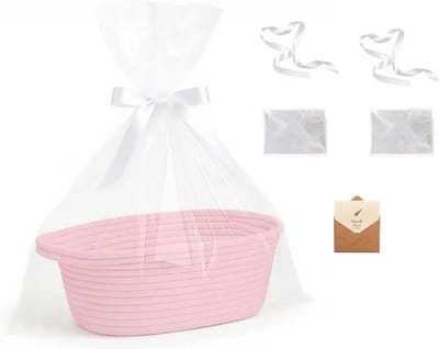 Opbergmand, gevlochten mand, geschenktassenset, inclusief cadeautasje, strik en wenskaart, voor bruiloft, verjaardag, Pasen, oogst(roze)