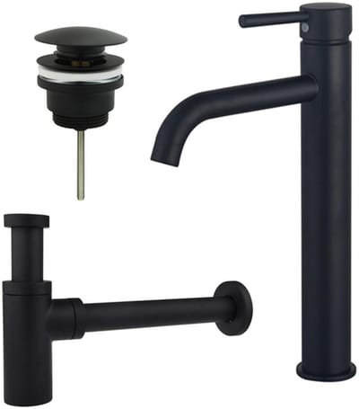 FugaFlow Eccelente Sobrado Badkamer Wastafelkraanset - verhoogde wastafelkraan - klikwaste plug - design sifon - Mat zwart
