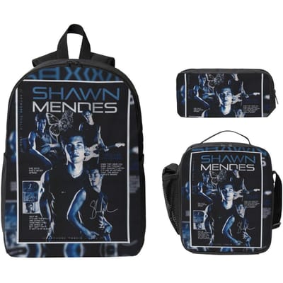 3 Stuks Shawn Mendes Schooltassen Set voor Kinderen Etui Sets Rugzak Sets met Lunchbox Voor Basisschool Leerlingen Rugzak gray