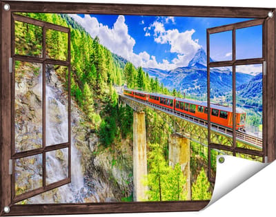 Gards Tuinposter Doorkijk Trein op een Brug bij een Waterval in Zwitserland - 90x60 cm - Tuindoek - Tuindecoratie - Wanddecoratie buiten - Tuinschilderij
