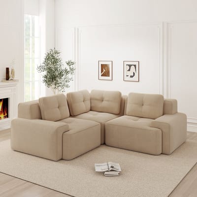 REDOM Modulaire 3-Zits Hoekbank – Diepe Zitting van 74 cm – Ribstof Bekleding – Beige – 177 x 104 x 69 cm