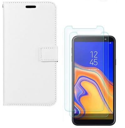 hoesje Geschikt voor: Samsung Galaxy J4 Plus 2018 Portemonnee Wit met 2 stuks Glas Screen protector