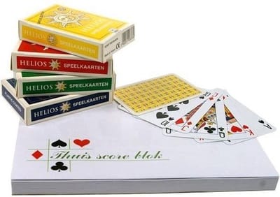Set van 4 "Super" biedboxen + bridge speelkaarten + bridge scoreblok