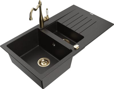 Mexen Matias granieten spoelbak 1,5-komer met afdruiprek en keukenkraan Carla, zwart/goud metallic - 6502-75-670700-50