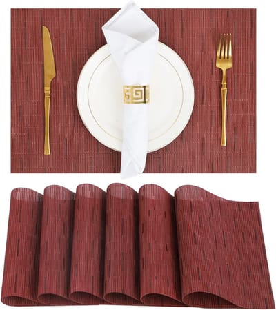6 stuks placemat - Geïsoleerde placemat - Wasbare placemat - Geweven PVC vinyl tafelmat - Bamboe textuur - Voor eettafel - Duurzaam, hittebestendig, antislip - 30 x 43 cm - Rood