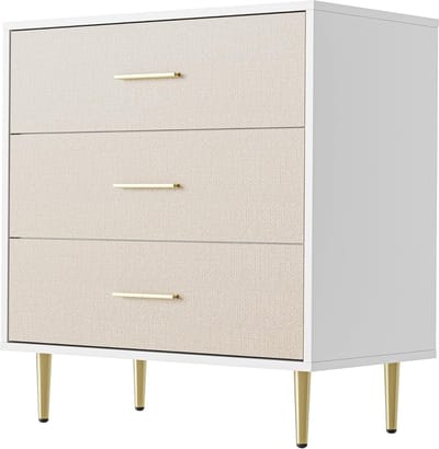 Modern Nachtkastje met 3 Laden - Commode met Linnen-Textuur - Gouden Handgrepen en Metalen Poten - Smalle Opbergkast voor Slaapkamer of Woonkamer - Wit