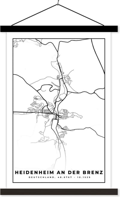 Posterhanger incl. Poster 40x60 cm - Schoolplaat - Heidenheim an der Brenz - Plattegrond - Kaart - Stadskaart - Textielposter - Zwarte latten - Stadskaart