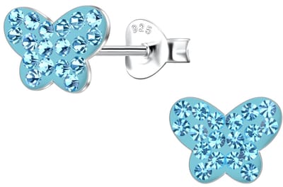 Joy|S - Zilveren vlinder oorbellen - 9 x 6 mm - kristalletjes blauw - oorknoppen - sterling zilver 925
