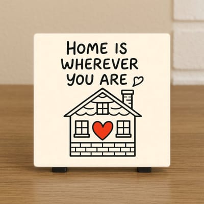 Wenstegel – “Home Is Wherever You Are” – Woondecoratie Cadeau - Hip trendy tegeltje – Wanddecoratie – Cadeau voor Nieuwe Woning, Housewarming of Gezinscadeau – Sfeervol en Persoonlijk – Trendy nu – Decoratief Tegeltje met Standaard – Cadeau Idee