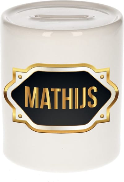 Spaarpot met voornaam Mathijs - wit - met goud/zwart embleem - 8 x 9 cm - keramiek - met afsluitdop - cadeau verjaardag