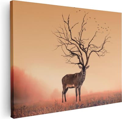 Artaza Canvas Schilderij Hertenkop Met Gewei - 40x30 cm - Klein - Wanddecoratie Hert - Muurdecoratie Woonkamer - Schilderijen Op Canvas Surrealistisch