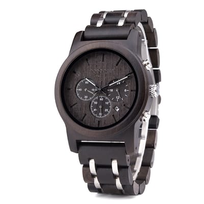 HO23-B19.1 - Zwartbruin houten heren Chronograaf horloge, band houten & RVS schakels, dag, horlogesluiting ** KADO edelsteen armband