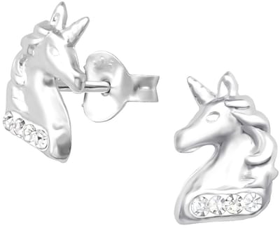 Joy|S - Zilveren eenhoorn oorbellen - unicorn - 6 x 9 mm - kristal