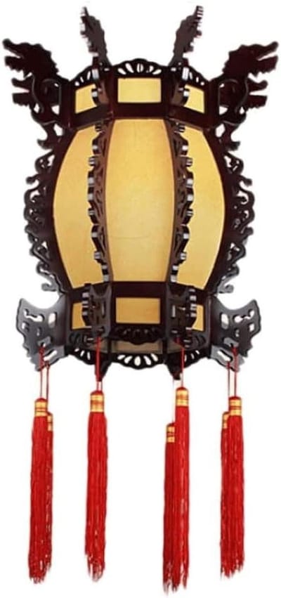 Houten Lantaarn - Chinese Lamp - Feestelijke Decoratie - Gesneden Draak Design - 45cm Hoog - Geel