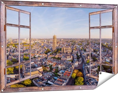 Gards Tuinposter Doorkijk Utrecht vanuit de Lucht - 120x80 cm - Tuindoek - Tuindecoratie - Wanddecoratie buiten - Tuinschilderij