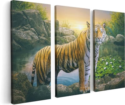 Artaza Canvas Schilderij Drieluik Luipaard In Een Vijver Bij Zonsondergang - 120x80 - Foto Op Canvas - Canvas Print
