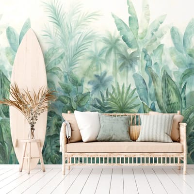 Fotobehang Profhome 392301-GU vliesbehang hardvinyl warmdruk in reliëf glad in jungle stijl mat groen blauw crèmewit 2,65 m x 2,8 m