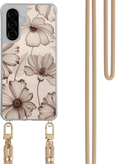 Hoesje met koord geschikt voor Samsung Galaxy A36 - Sand flowers - Inclusief Beige koord - Crossbody beschermhoes - Transparant, Beige - Mooie Telefoonhoesjes