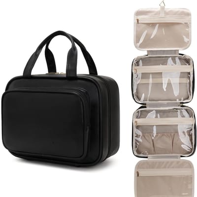 Famanu - Opknoping toilettas, reis make-up tas met grote capaciteit organizer voor vrouwen, PU lederen toilettas voor mannen met doorzichtig venster, reisformaat accessoires, Zwart, Modern design