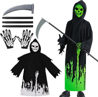 Grimmige Sensenman Kostuum voor Kinderen met Lichtgevende Schedel, Scythe en Masker voor Halloween en Carnaval