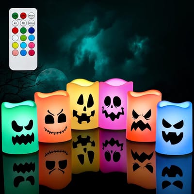 Vlamloze Kaarsen met Afstandsbediening en Timer - 6 Kleur Veranderende LED Kaarsen voor Halloween Decoraties - Batterij Operated Spook Gezicht Kaarsen