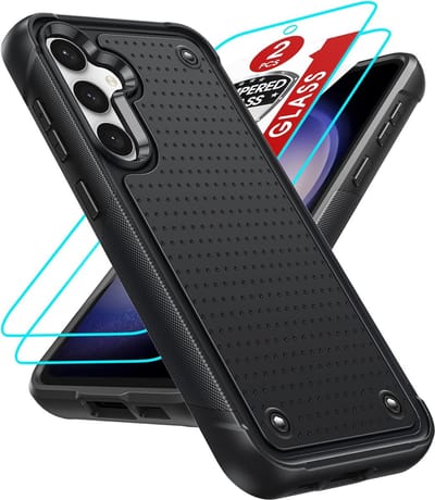 Casemania Hoesje Geschikt voor Samsung Galaxy S23 FE - Zwart + 2X Glazen Screenprotector - Armor Back Cover