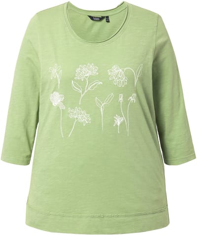 Ulla Popken - Dames - Shirt bloemen klassiek ronde hals 3/4-mouwen - Groen - Maat 42+