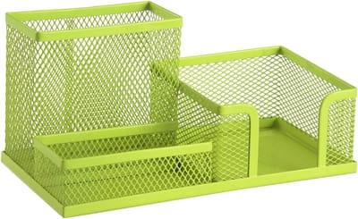 Famanu - Bureau-organizer, pennenhouder, bureau-pennenkoker, tafel-organizer van metaal, bureauplank met notitiehouder, mesh, 205 x 103 x 98 mm, limoenkleuren