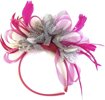 Fuchsia Roze Zilveren Haaraccessoire Feathers Hoofdband Bruiloft Races