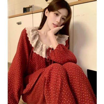 Pyjama's voor Dames in Lente en Herfst, Koreaanse Versie, Zoete Kantrand met Bloemmotieven, Puur Katoenen Gaas, Lange Mouwen One Size rood