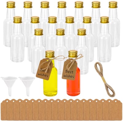 Dailygoods - 18 stuks mini-flesjes kunststof likeurflessen, 50 ml kleine flessen om te vullen met 2 mini-trechters, 18 kraftpapieren etiketten en 5 m hennepkoord, kleine borrelflessen voor bruiloften, feesten