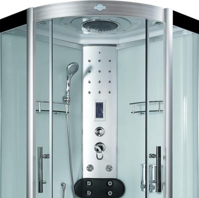Complete Gesloten Douchecabine 90X90X215 Enla. MENGKRAAN. Luxe, Kit-Vrij, Wit, Veiligheidsglas, LED, Radio, Speakers, Zitje, Massage, Hoekmodel, Kwartrond, Schuifdeuren, Douchebak, Afvoer, Sifon, Verschillende, Full Options. Royal Sanitair