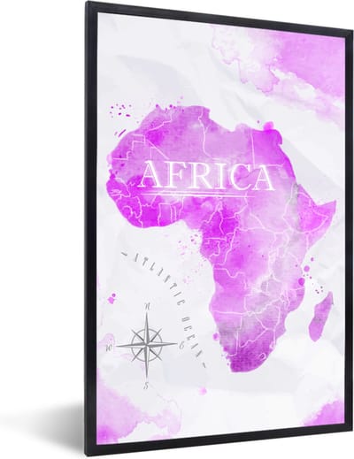 Poster in lijst - Fotolijst 60x90 cm - Posters - Wereldkaart - Roze - Afrika - Posterlijst zwart - Decoratie - Wanddecoratie woonkamer - Muurdecoratie slaapkamer