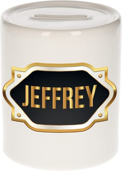Spaarpot met voornaam Jeffrey - wit - met goud/zwart embleem - 8 x 9 cm - keramiek - met afsluitdop - cadeau verjaardag