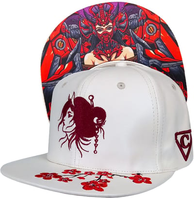 Capiche® Snapback Pet – Robot Geisha – Wit Kunstleer & Rode Kersenbloesem – Verstelbaar met Druksluiting – Pet Mannen – Futuristische Pet Robot Collectie met Cherry Blossom
