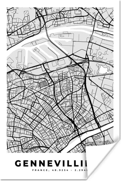 Poster Plattegrond – Kaart – Stadskaart – Frankrijk – Gennevilliers - 120x180 cm XXL