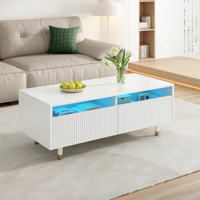 YEHTOKHOME Salontafels 110x50x40 cm, Koffietafel met twee lades en LED-verlichting - Golvende laden bovenkant - Massief houten poten - Voor woonkamergebruik - Hout - Wit