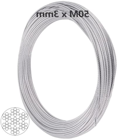 Allecto Plus - Roestvrijstalen kabel 50m x 3mm - 7 x 7 strengen - Voor gordijn en tuin - Buiten ophangen - Roestvrijstalen spankabel.