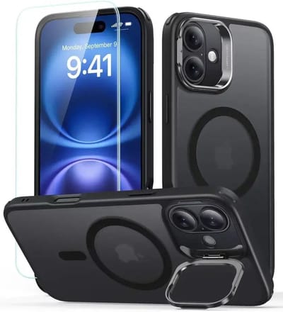 ESR Classic Hybrid HaloLock Hoesje Geschikt voor Apple iPhone 16 - Met Screenprotector - Compatibel met MagSafe - Back Cover met Standaard - Camera Kickstand - Gehard Glas - FrostedZwart
