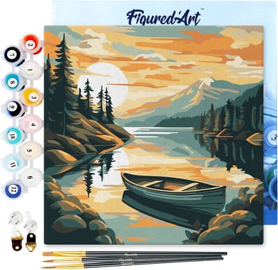 Figured'Art Mini Schilderen op Nummer Volwassenen 20x20cm met lijst Bergmeer met kano - Klein Formaat Creatieve Hobby Kit DIY Art Nummer Compleet