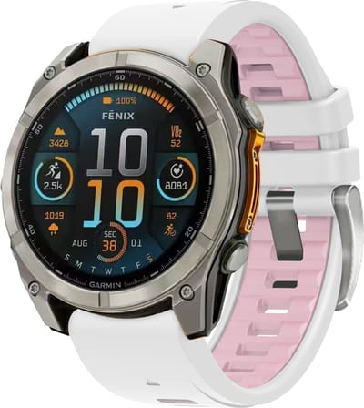 Stravo Dubbelkleurige Siliconen bandje in Fenix 8 Stijl - Zilver-Wit/Roze - voor Garmin Fenix 5s - Plus & Sapphire - Fenix 6s - Pro & Sapphire - Garmin Fenix 7s / Fenix 8 - 43mm Quickfit 20mm band voor Garmin smartwatches - Horlogebandje
