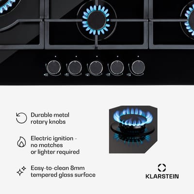 Klarstein Gaskookplaat Ignito Chef Edition 5 Zones - 5-Pits - Zelfstandig - 90 Cm - Inbouw - Sabaf Branders - Aardgas/Propaangas - Veiligheidsventielen - Automatische Uitschakeling - Gietijzeren Pannendrager - Wok-Hulpstuk - Glaskeramiek - Zwart