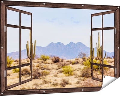 Gards Tuinposter Doorkijk Cactussen in de Woestijn - 150x100 cm - Tuindoek - Tuindecoratie - Wanddecoratie buiten - Tuinschilderij