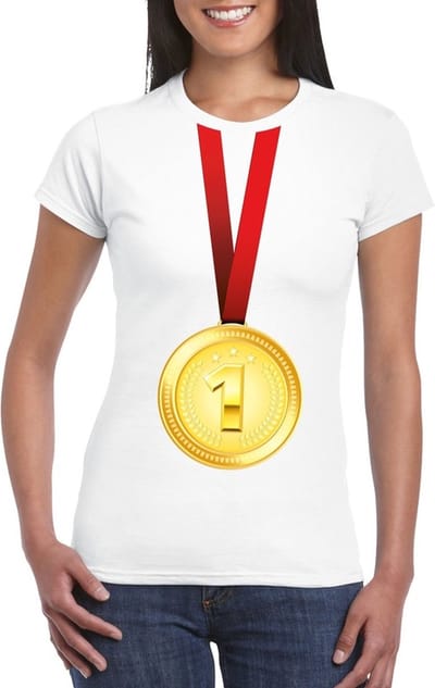 Gouden medaille kampioen shirt wit dames - Winnaar shirt Nr 1 S