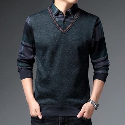 Herfst en Winter Vakantie Tweedelig Shirtkraag Fluweel T-shirt Heren Casual Trui Trendy Herfst Onderlaag Top XXXXL