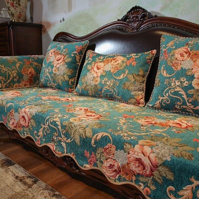 Geborduurde Bankhoes met Onregelmatige Rand Chenille Antislip Bankhanddoek Kussensloop Europese Stijl Rood Groen Bankkussen met Zoom 90x75cm 1pcs
