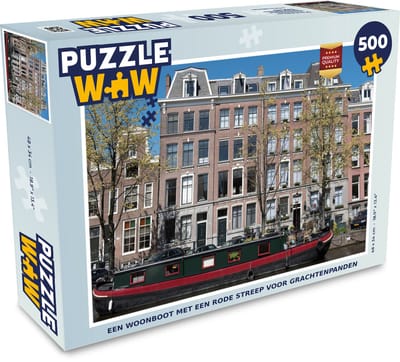 Puzzel Een woonboot met een rode streep voor grachtenpanden - Legpuzzel - Puzzel 500 stukjes