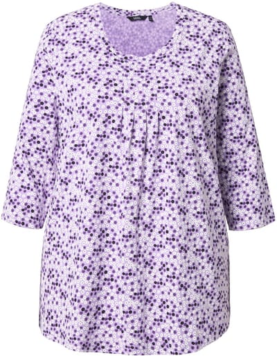 Ulla Popken - Dames - Shirt bloemen A-lijn sierplooien ronde hals 3/4-mouw - Lavendel - Maat 46+